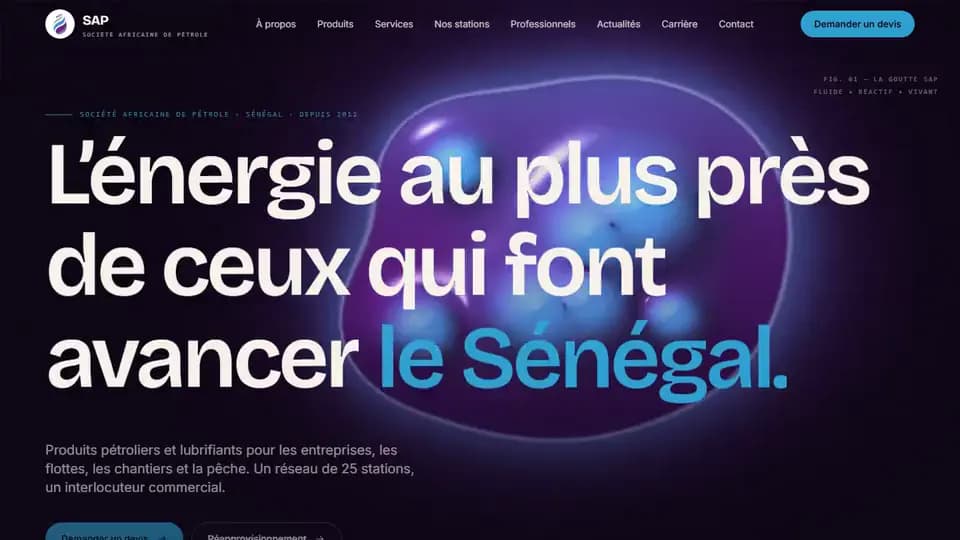 Accueil du site SAP Groupe : titre L'énergie au plus près de ceux qui font avancer le Sénégal et animation violette